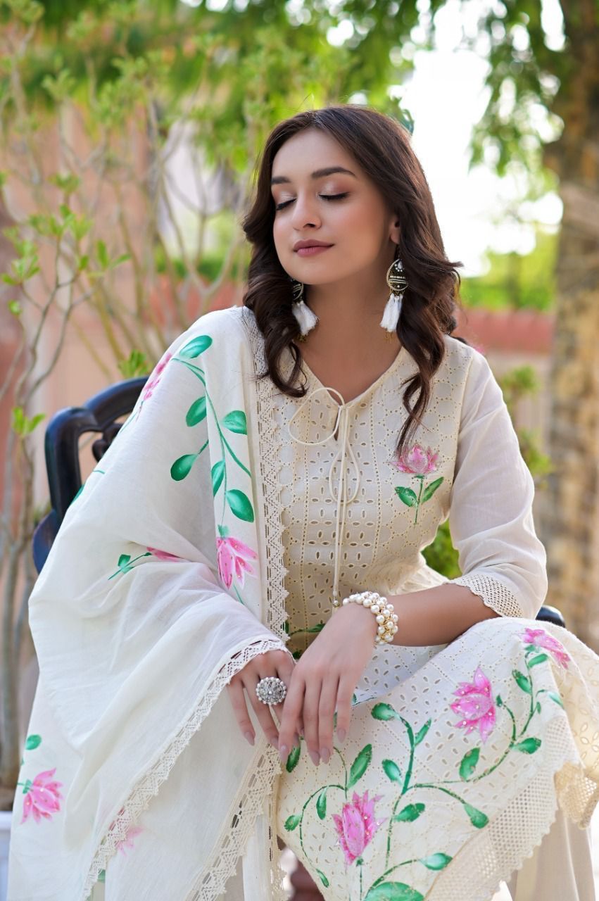 White Chikankari handpainted Suit